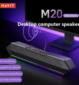 Havit M20 Desktop Speaker Wired bluetooth Soundbar Dual Full-frequency Speakers Dual Bass Diaphragm RGB Light EQ Tunning USB Power Supply Computer Speaker with External Microphone
