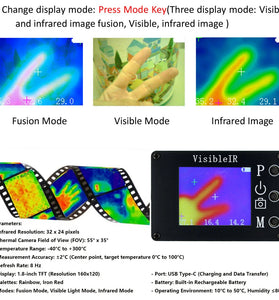 VisibleIR B18 Thermal Imaging Camera 32x24 Pixels Temperature -40C to 300C Rechargeable USB Type-C Portable Infrared Visual Heat Mapping Device