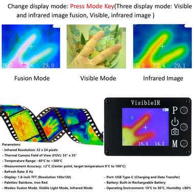 VisibleIR B18 Thermal Imaging Camera 32x24 Pixels Temperature -40C to 300C Rechargeable USB Type-C Portable Infrared Visual Heat Mapping Device