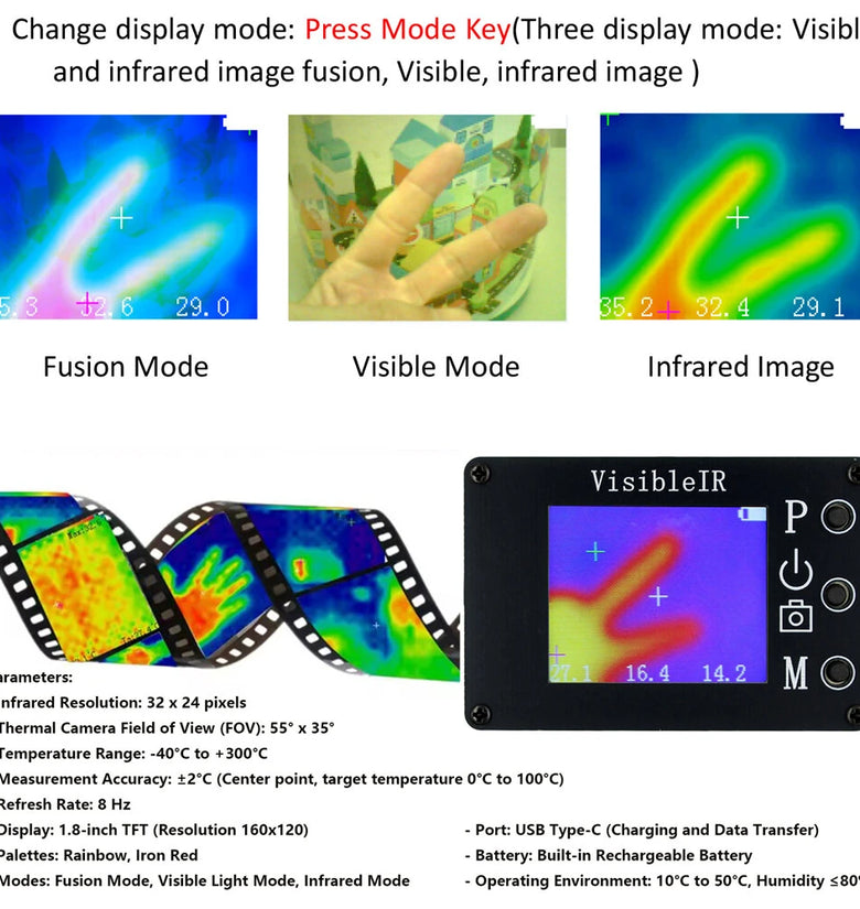 VisibleIR B18 Thermal Imaging Camera 32x24 Pixels Temperature -40C to 300C Rechargeable USB Type-C Portable Infrared Visual Heat Mapping Device