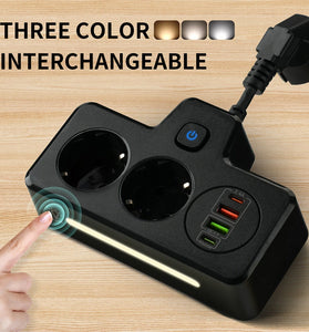 EU Power Strip Wall Socket Expansion Plug with 2 AC+2USB-A+2Type-C PD QC3.0 Fast Charging Multitap USB Charger