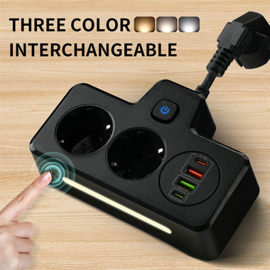 EU Power Strip Wall Socket Expansion Plug with 2 AC+2USB-A+2Type-C PD QC3.0 Fast Charging Multitap USB Charger