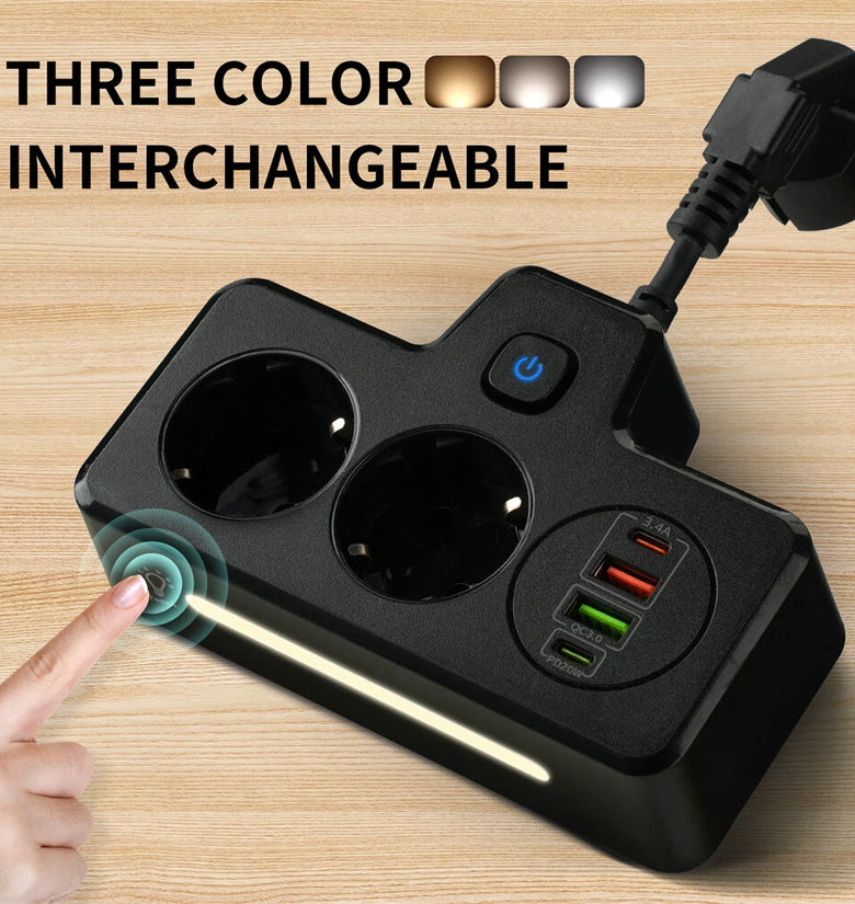 EU Power Strip Wall Socket Expansion Plug with 2 AC+2USB-A+2Type-C PD QC3.0 Fast Charging Multitap USB Charger