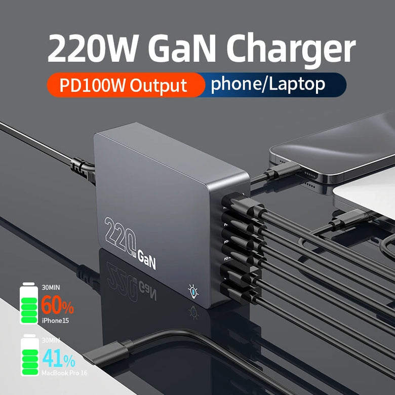 [GaN Tech]Bakeey WT-F8A 220W 6-Port USB PD Charger 2USB-A+4USB-C PD3.0/2.0 QC4.0+ SCP FCP AFC Apple2.4A Fast Charging Desktop Charging Station EU Plug US Plug for iPhone 16 15Pro 14 13 12 Pro Max for Xiaomi 15pro for Huawei for Samsung Galaxy Z Flip6