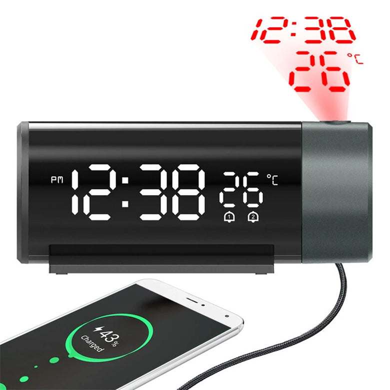 ZX1006A Digital Projection Alarm Clock with Temperature Time 180Rotation LED Display Dual Alarm Clock Snooze Function USB Electronic Table Bedroom Bedside 3D Wall Projection Clocks