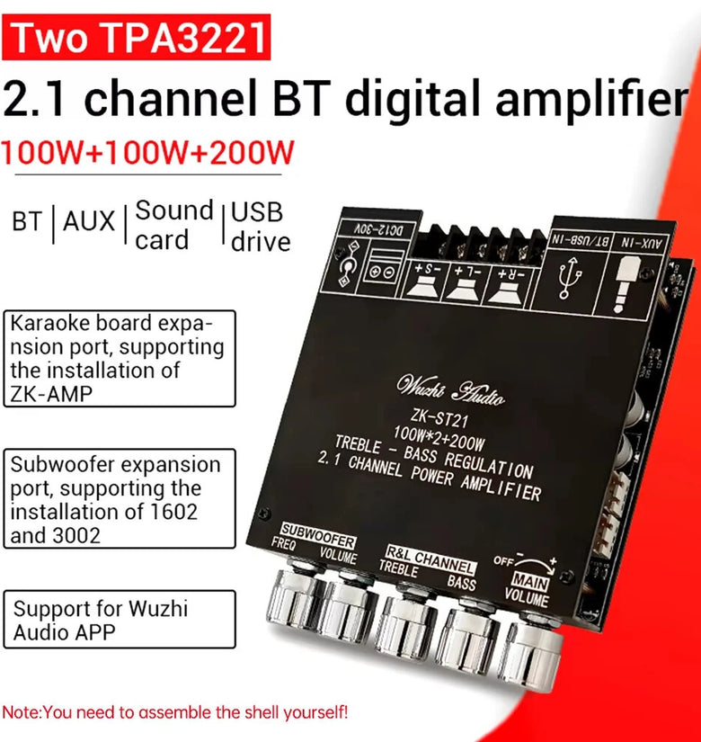 ZK-ST21 bluetooth Digital Amplifier Board 2.1 Channel 100W+100W+200W Subwoofer Chip TPA3221 DC12-30V 10A