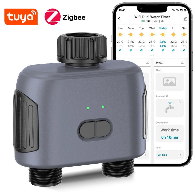 SGW02MZ Tuya Zigbe Smart Irrigation Timer Dual Zone Sprinkler Drip Irrigation Device IPX5 Waterproof Voice Control with Alexa Google Home for Garden Lawn