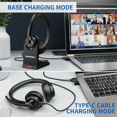 Awatrue EH11 2.4G Wireless Headset bluetooth Headphone with Charging Base AI Call Noise Cancelling 50mm Drive Unit 30H Play Time Comfortable Design On-ear Headphones with External Microphone