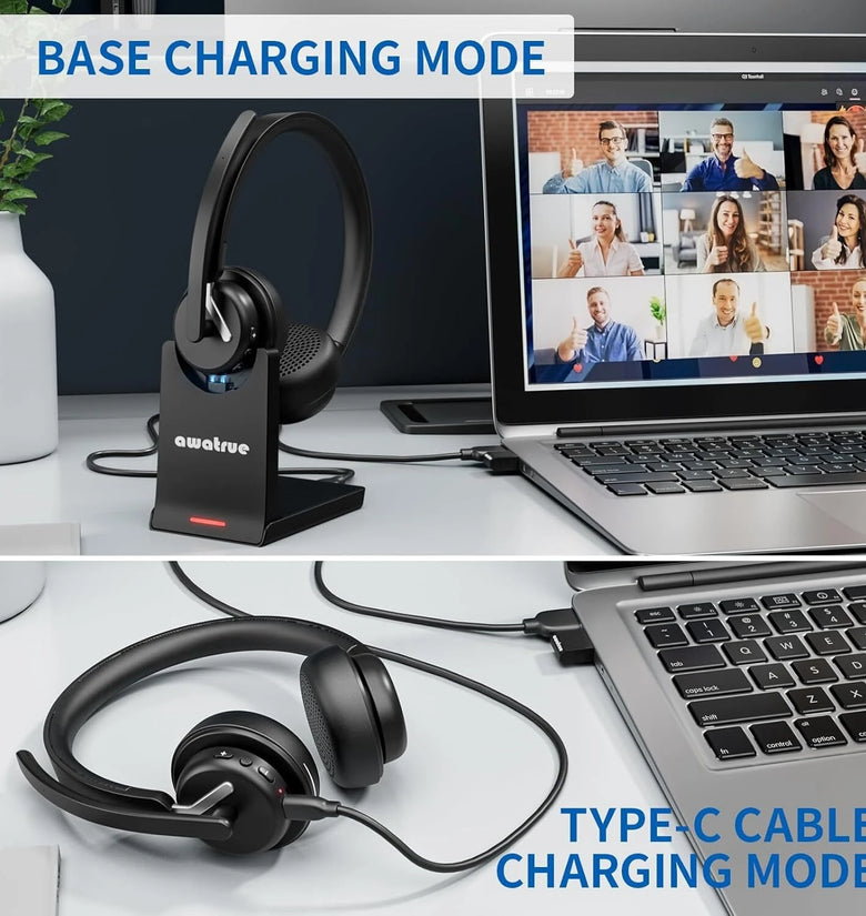 Awatrue EH11 2.4G Wireless Headset bluetooth Headphone with Charging Base AI Call Noise Cancelling 50mm Drive Unit 30H Play Time Comfortable Design On-ear Headphones with External Microphone