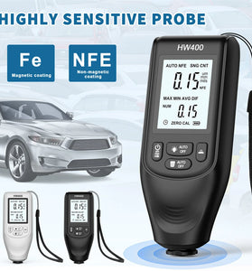 HW400 High Precision Car Paint Thickness Gauge Tester Highly Sensitive Probe Coating Thickness Gauge Automotive Paint 0-2000UM Accuracy Industrial Metal Layer Detector