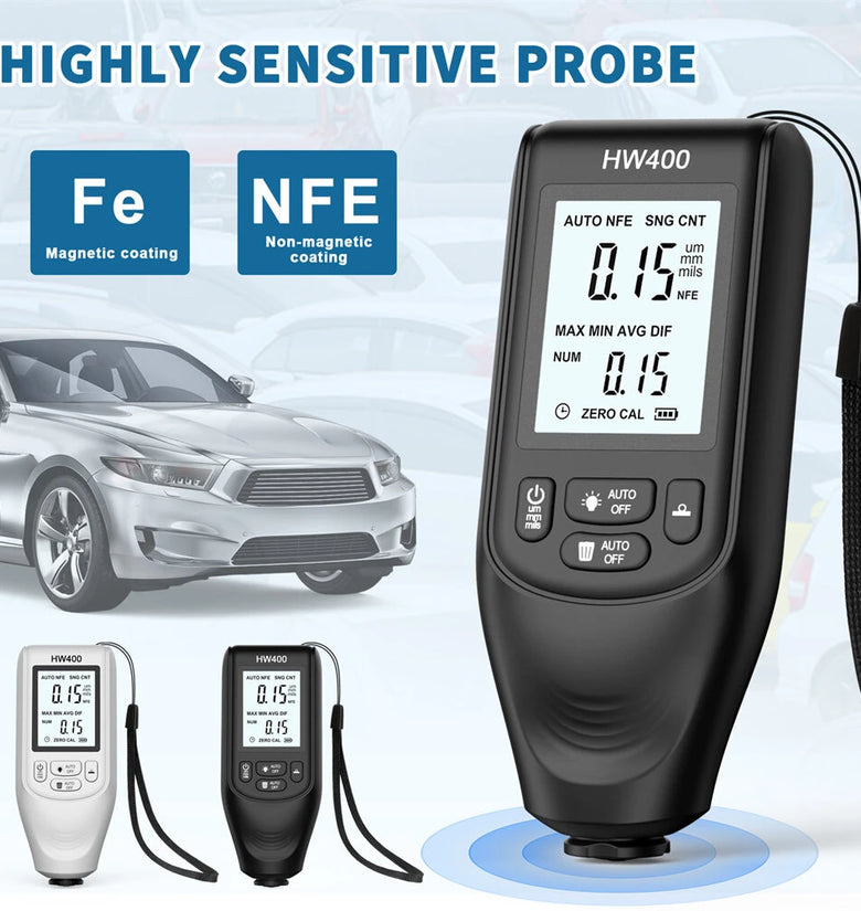 HW400 High Precision Car Paint Thickness Gauge Tester Highly Sensitive Probe Coating Thickness Gauge Automotive Paint 0-2000UM Accuracy Industrial Metal Layer Detector