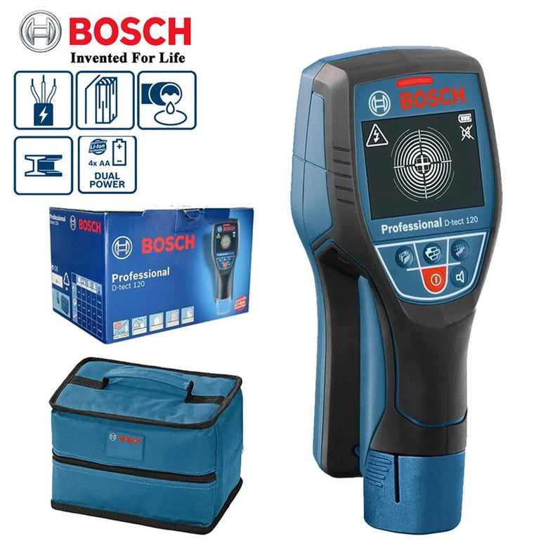 Professional D-TECT120 Wall Scanner Radar Technology Metal/Cable/Wood/Water Pipe/Wire High-precision Wall Gold plumb Dual Power Source Waterproof Construction Tool