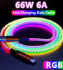 6A 66W USB-A to Type-C RGB Lighting Cable PD Fast Charging Data Transmission Copper Core Line 1M Long for iPhone 16 16 Pro 15 14 Pro Max for Samsung Galaxy S25 Ultra for Huawei Pura X for Xiaomi 15 Ultra