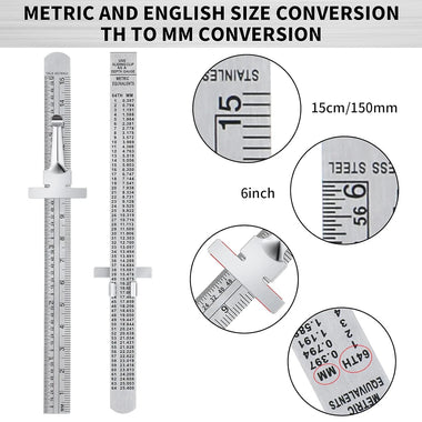 Flexible 6 Inch 15 cm Stainless Steel Pocket Ruler with Metric and Imperial Scale Detachable Clip Conversion Table Clear Graduation