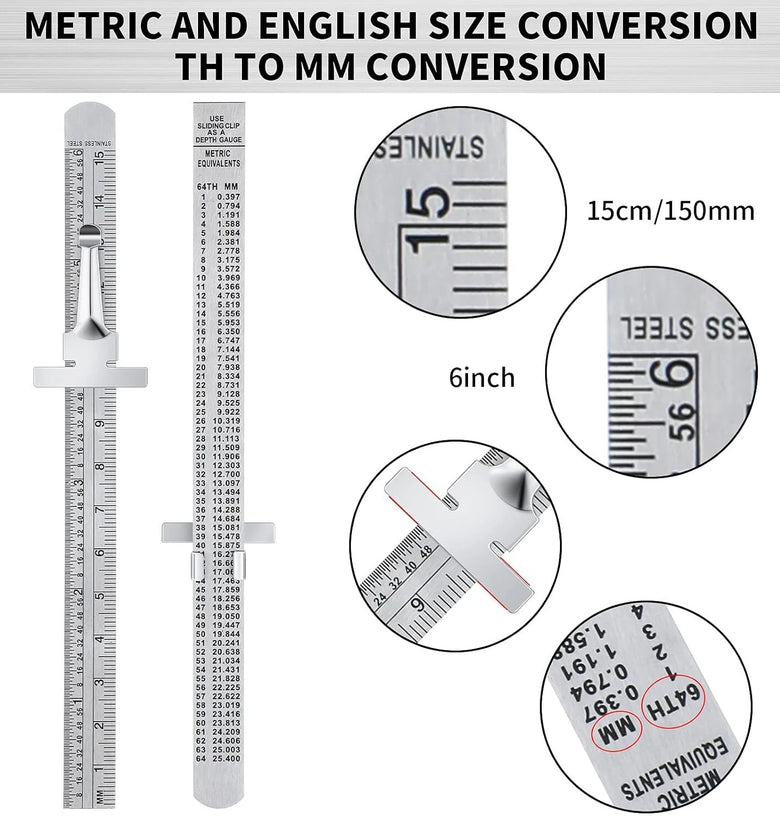 Flexible 6 Inch 15 cm Stainless Steel Pocket Ruler with Metric and Imperial Scale Detachable Clip Conversion Table Clear Graduation