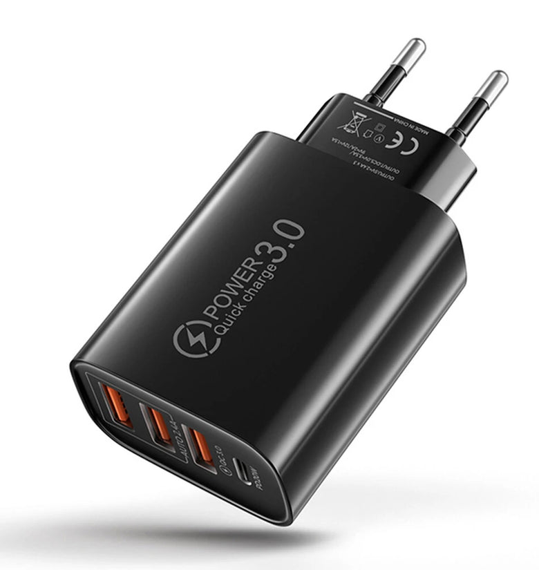 30W 4-Port USB PD Charger Dual USB-A+USB-C PD3.0 QC4.0+QC3.0 Support SCP FCP Fast Charging Wall Charger Adapter EU Plug for iPhone12 13 14 14 Pro 14Pro Max for Huawei Mate50 for Oppo Reno9 for Redmi K60 for Samsung Galaxy S23