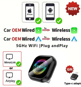 LAESD Q1AQ 3in1 Wireless CarPlay Android Auto Adapter MirrorLink / AirPIay Screen Mirroring USB Dog Bluetooth 5.0 Plug and Play