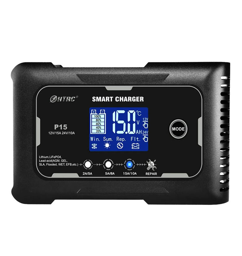 HTRC P15 12V/15A 24V/10A Car Motorcycle Battery Charger Lead-Acid Battery AGM Intelligent Repair Charger Overcurrent Protection Dual Mode Charging