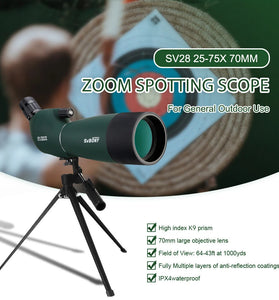 SvbonySV28 Spotting Scope 25x-75x Wide Zoom Range 70mm Large Aperture K9Porro High-Index 45 Angle Eyepiece Dynamic Focus IPX4 Waterproof Portable Telescope for Birdwatching Camping
