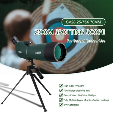 SvbonySV28 Spotting Scope 25x-75x Wide Zoom Range 70mm Large Aperture K9Porro High-Index 45 Angle Eyepiece Dynamic Focus IPX4 Waterproof Portable Telescope for Birdwatching Camping