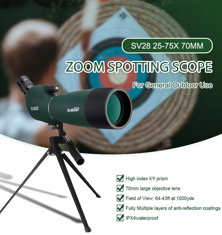 SvbonySV28 Spotting Scope 25x-75x Wide Zoom Range 70mm Large Aperture K9Porro High-Index 45 Angle Eyepiece Dynamic Focus IPX4 Waterproof Portable Telescope for Birdwatching Camping