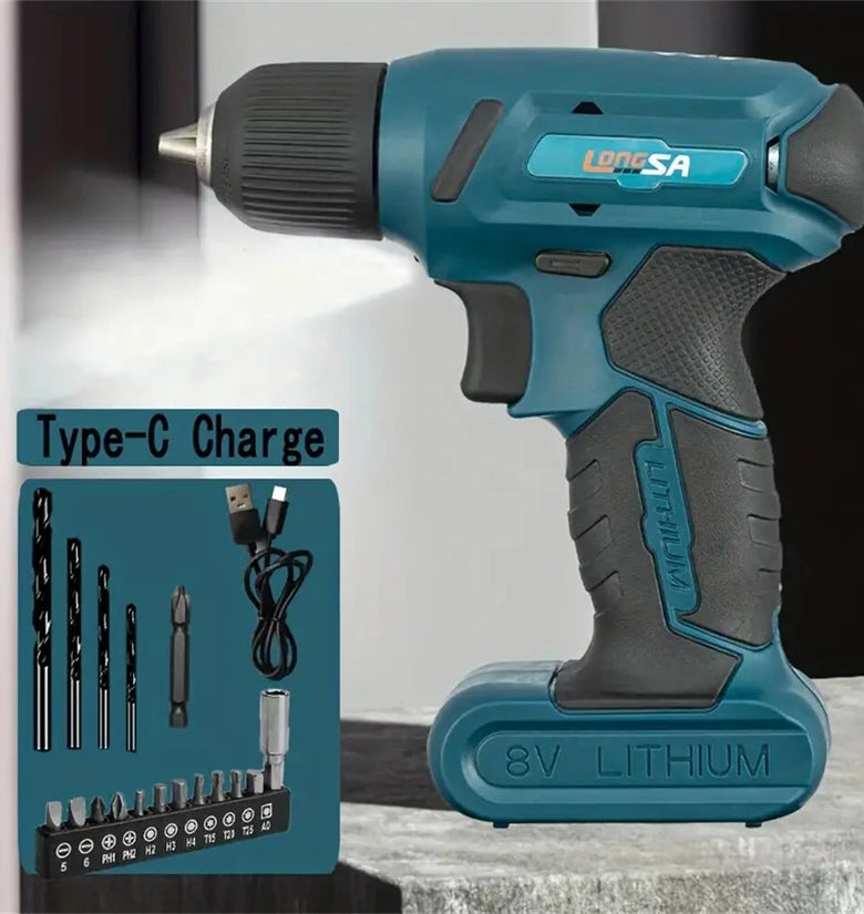 8V Cordless Electrical Drill Set USB Rechargeable 1300mAh Li-Ion Battery LED Light Forward/Reverse Adjustment Drill Bits Kit