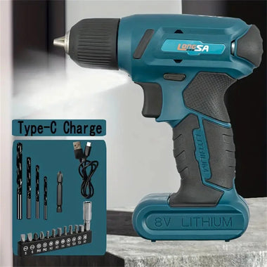 8V Cordless Electrical Drill Set USB Rechargeable 1300mAh Li-Ion Battery LED Light Forward/Reverse Adjustment Drill Bits Kit