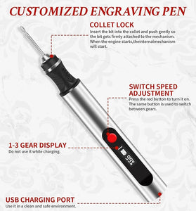 Portable Mini USB Cordless Rotary Tool 3 Speed 20000 RPM Lightweight Engraving Pen Kit for Stone Wood Metal Carving DIY Projects