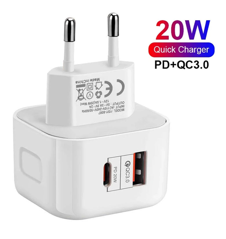 YSY-6087 20W 2-Port USB PD Charger USB-A+USB-C PD QC3.0 Fast Charging Wall Charger Adapter EU Plug US Plug for iPhone 16 15 Plus 14 13 12 Pro Max for Huawei Mate XT for Xiaomi 15pro