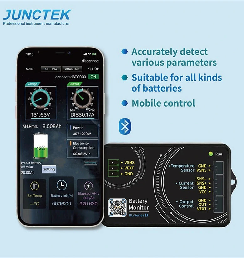 JUNCTEK Battery Monitor Bluetooth KL-F DC 0-120V 0-600A Battery Tester Voltage Current VA Meter Battery Coulomb Meter Capacity Indicator
