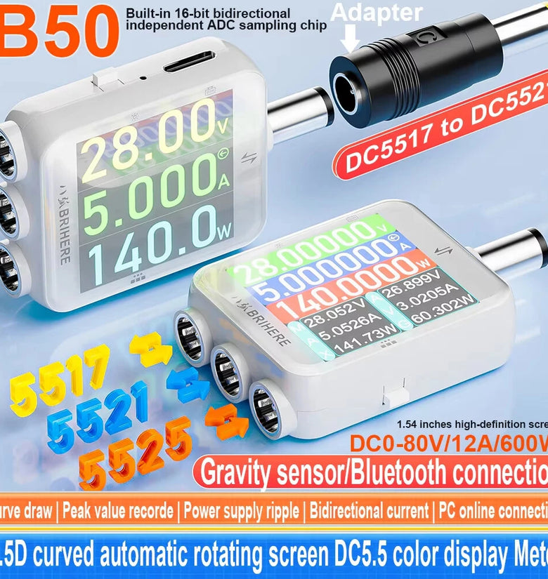 ATORCH B50 DC5.5 High Precision Tester 80V 12A 600W Digital Voltmeter Ammeter Watt Power Monitor With Bluetooth