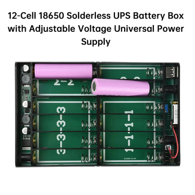 DC UPS 12 Slot 18650 Battery Power Supply Box DIY Power Bank Kit USB 12-24V Adjustable 24W 0.1V Accuracy Optical Modem Router NAS Uninterruptible Power Supply