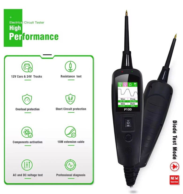 JDiag P100 Automotive Car Circuit Tester Power 12V/24V Electric Circuit Tester Car Diagnostic Tool TFT Screen Voltage Resistance Multilingual Support 2M Extension Cable