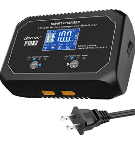 HTRC P10X2 12V 24V 10A Auto Motorcycle Battery Charger AGM Intelligent Repair Dual Channel Smart Car Battery Charger Lithium Lifepo4 Lead-Acid(AGM/Gel/SLA) for Car Boat