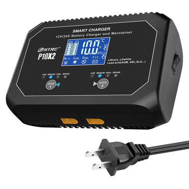HTRC P10X2 12V 24V 10A Auto Motorcycle Battery Charger AGM Intelligent Repair Dual Channel Smart Car Battery Charger Lithium Lifepo4 Lead-Acid(AGM/Gel/SLA) for Car Boat