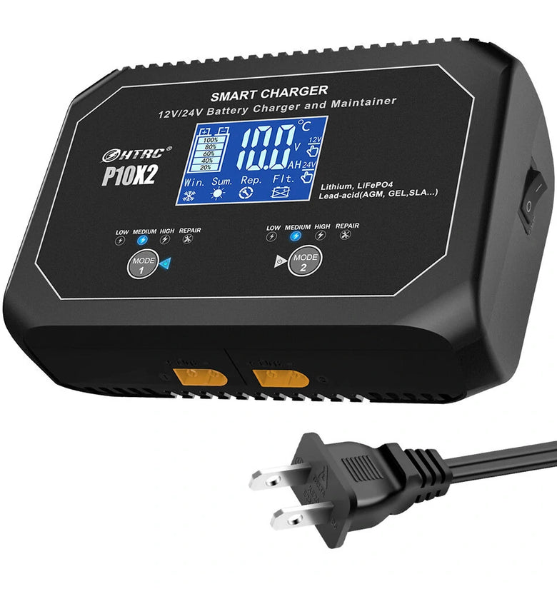 HTRC P10X2 12V 24V 10A Auto Motorcycle Battery Charger AGM Intelligent Repair Dual Channel Smart Car Battery Charger Lithium Lifepo4 Lead-Acid(AGM/Gel/SLA) for Car Boat