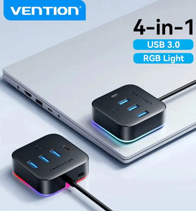 Vention CHZ 5-in-1 USB3.0 Hub Charger 3USB-A+USB-C Fast Charging USB-C 3.2 Gen1 5Gbps Desktop Hub Adapter with RGB Light for iPhone 17 17Pro 16 Pro Max 15 14 for Xiaomi 17pro for SAMSUNG for OPPO