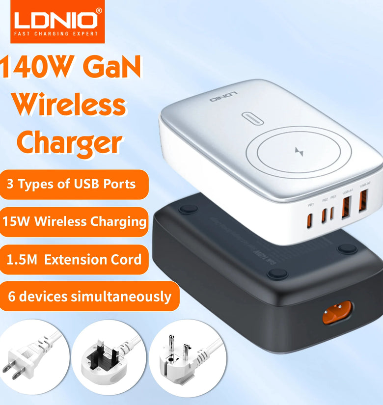 [GaN Tech] LDNIO 140W 5-Port USB PD Wireless Charger 2USB-A+3USB-C PD3.0 QC3.0 AFC FCP SCP DCP PPS Apple2.4A Fast Wireless Charging Desktop Charging Station EU Plug US Plug for iPhone 16 16 Pro 15 14 13 for Huawei Pura X for Samsung Galaxy S25 Ultra