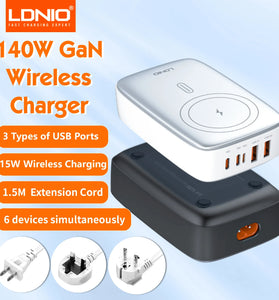[GaN Tech] LDNIO 140W 5-Port USB PD Wireless Charger 2USB-A+3USB-C PD3.0 QC3.0 AFC FCP SCP DCP PPS Apple2.4A Fast Wireless Charging Desktop Charging Station EU Plug US Plug for iPhone 16 16 Pro 15 14 13 for Huawei Pura X for Samsung Galaxy S25 Ultra