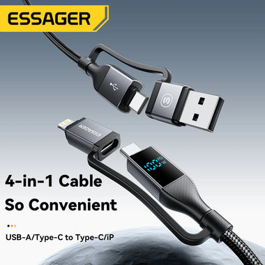 ESSAGER ES-X70 5A 100W USB-A/Type-C to Type-C/iP Digital Display Cable Fast Charging Data Transmission Tinned Copper Core Line 0.25M/1M/2M Long for iPhone 16 16 Pro 15 14 13 for Huawei Pura X for Xiaomi 15 Ultra for Samsung Galaxy S25 Ultra