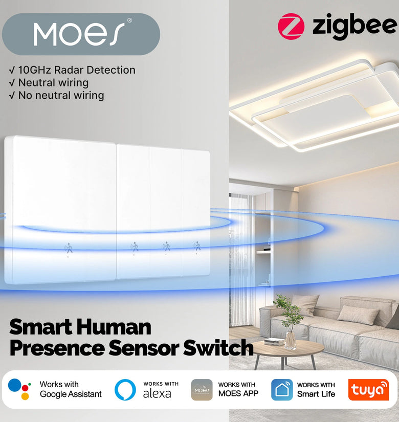 MOES SVL01-Z Tuya Zigbe Smart Human Presence Switch 10GHz mmWave Radar Detection Timing Function Wall Light Voice Control with Alexa Google Home