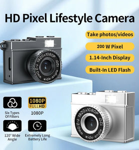Retro Mini Digital Camera 200W Pixel 1080P HD Video 1.14 Inch Screen 120 Wide Angle Lens Vintage Style Portable Shooting Cam for Travel Vlogging