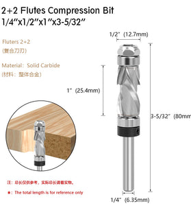 LAVIE 1/4" Shank Woodworking Solid Carbide CNC Router Bit  Spiral Compression Top Bearing Flush Router Bit Ideal for Carving Trimming Milling