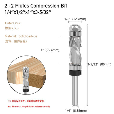 LAVIE 1/4" Shank Woodworking Solid Carbide CNC Router Bit  Spiral Compression Top Bearing Flush Router Bit Ideal for Carving Trimming Milling