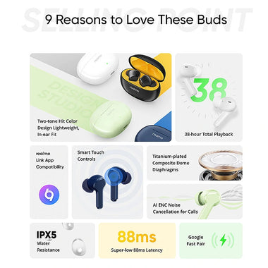 Realme Buds T110 TWS bluetooth 5.4 Earphone Wireless Earbuds AI ENC Noise Cancelling 10mm Bass Driver 38H Playback Low Gaming Delay IPX5 Waterproof Sports Headphones