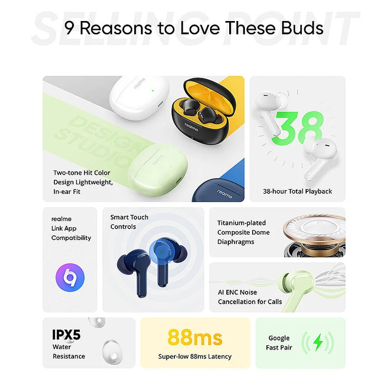Realme Buds T110 TWS bluetooth 5.4 Earphone Wireless Earbuds AI ENC Noise Cancelling 10mm Bass Driver 38H Playback Low Gaming Delay IPX5 Waterproof Sports Headphones