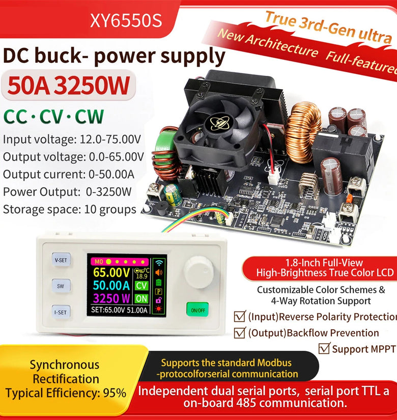 Sinilink XY6550S CNC DC Power Supply Module 65V/50A/3250W Adjustable High Precision MPPT Solar Charging LCD Display