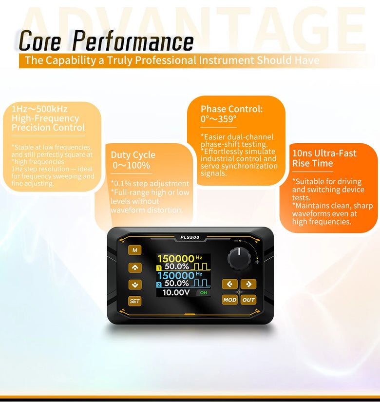 JUNCTEK PLS500 Pulse Signal Generator 1Hz-500kHz High Precision Dual Channel Adjustable Frequency Duty Cycle Phase