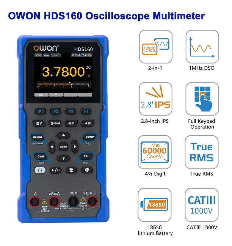 2in1 OWON HDS160 Oscilloscope Multimeter 60000 Counts True RMS 1MHz 1 Channel AC DC Voltage Current Tester 2.8
