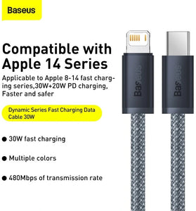Baseus Dynamic Series PD 20W Type-C to iP Cable Fast Charging Data Transmission Tinned Copper Core Line 1M/2M Long for iPhone 14 14Pro 14Pro Max for iPad